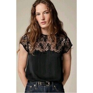 J.Crew Satin & Lace Top Black Blouse Short Dolman Sleeve CF458 Size M NWT